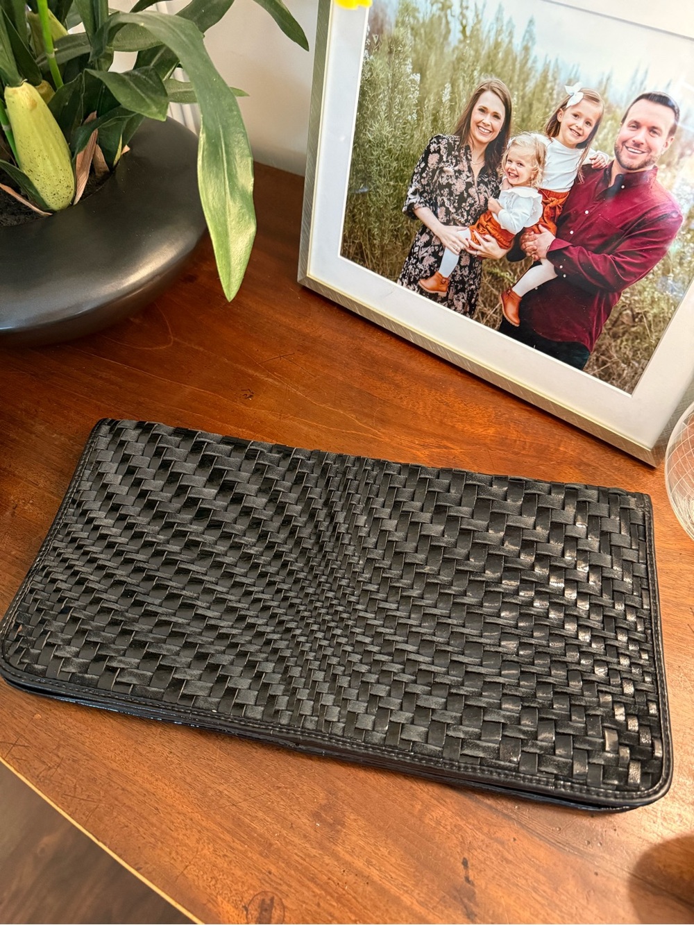 Cole Haan Black Woven Genevieve Patent Leather and Suede Oversized Clutch